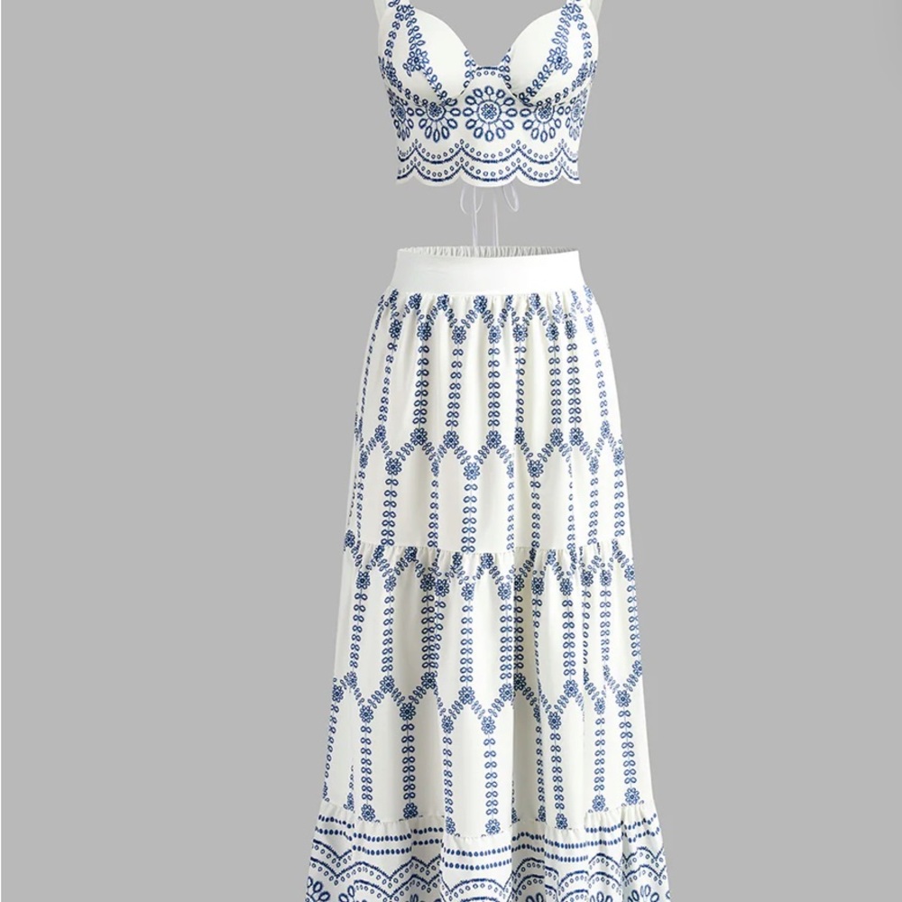Crop Tie Back Top & Skirt Printed Blue and White Set